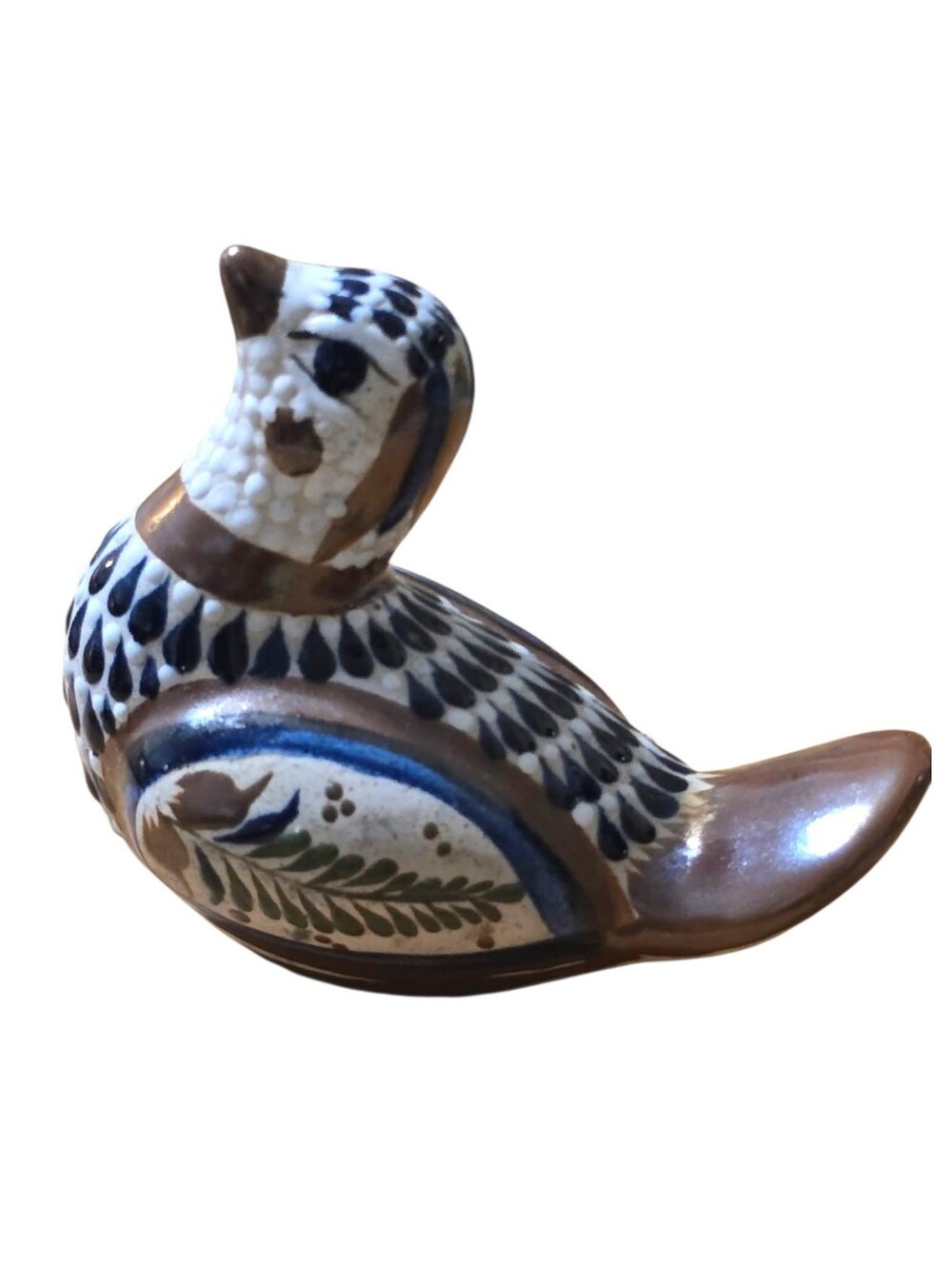 Vintage | Hand-Painted Ceramic Bird Figurine in Metallic Brown, Black, Blue